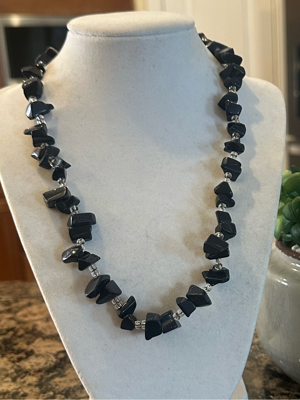 Vintage Midnight Blue Goldstone Chip Bead Necklace Sparkly Celestial
